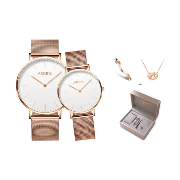 Abalone ABORNI Couple watch fashionable simple ultra-thin quartz movement stainless steel strap Chinese watch white dial30Rice waterproof