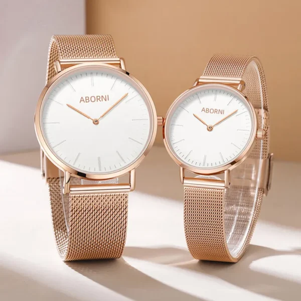 Abalone ABORNI Couple watch fashionable simple ultra-thin quartz movement stainless steel strap Chinese watch white dial30Rice waterproof - Image 3