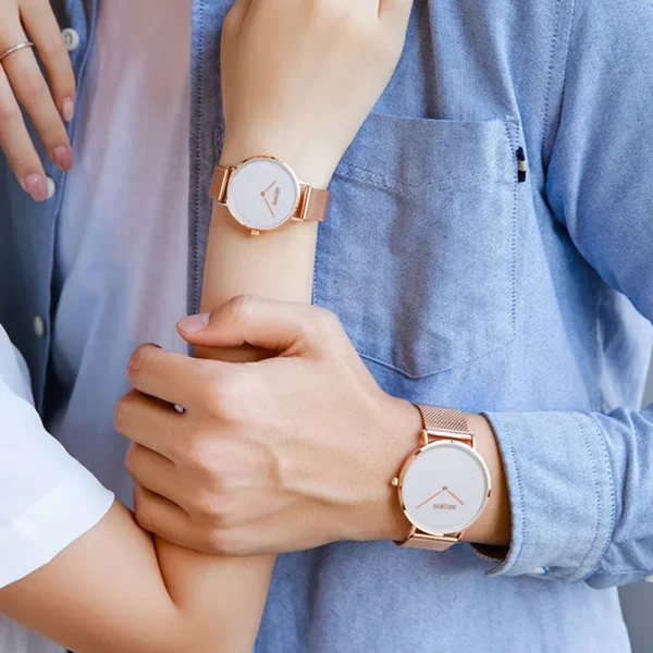 Abalone ABORNI Couple watch fashionable simple ultra-thin quartz movement stainless steel strap Chinese watch white dial30Rice waterproof - Image 4