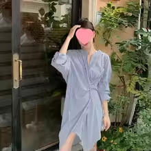 Spring New Design High Waist Long Sleeve Commuter Women's Dress StripePattern Anti-Aging Lazy Style Chinese Brand AE Stock